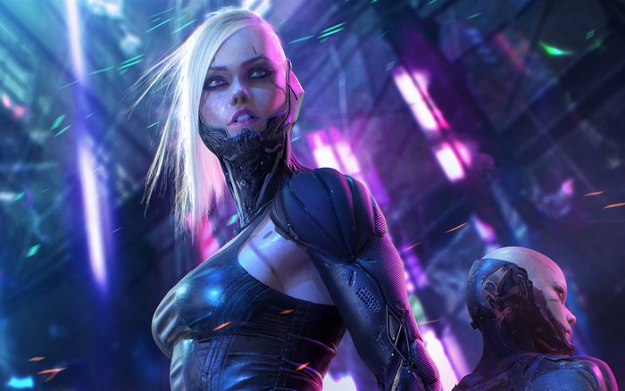 Cyberpunk 2077 artwork of a female cyborg soldier