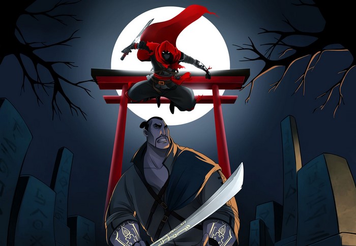 Ninja with red cape and samurai in front of torii gate