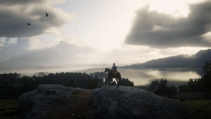 Arthur Morgan from Red Dead Redemption 2 on horseback overlooking a lake