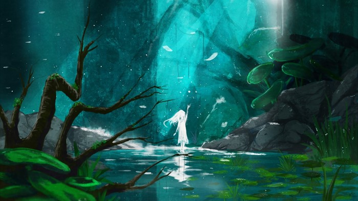 Digital painting of a girl in a cyan forest lake