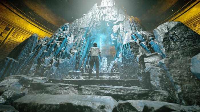 Man with sword in front of a crystal mountain
