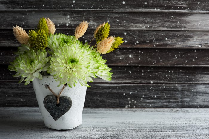 White flowerpot with green and white flowers