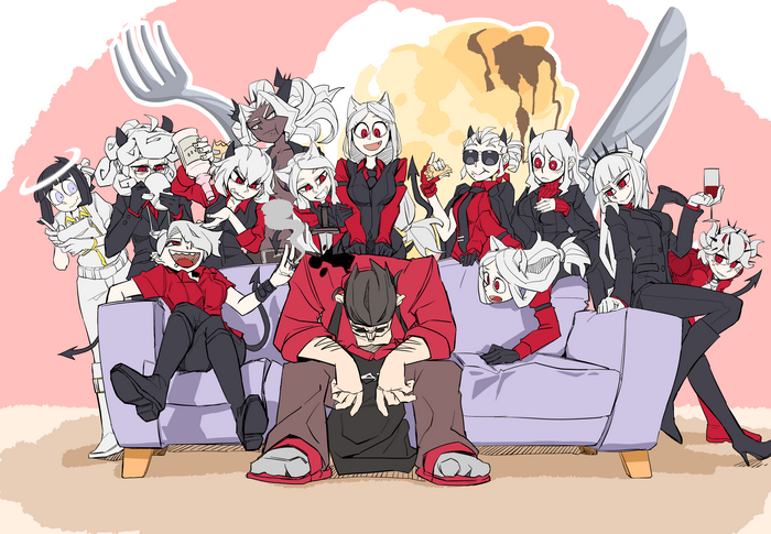 Helltaker demon girls on a couch