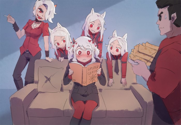 Cerberus from Helltaker with a man holding pancakes