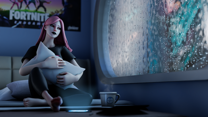 Girl from Fortnite hugging pillow by rainy window