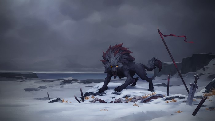 Wolf from Northgard in a snowy landscape