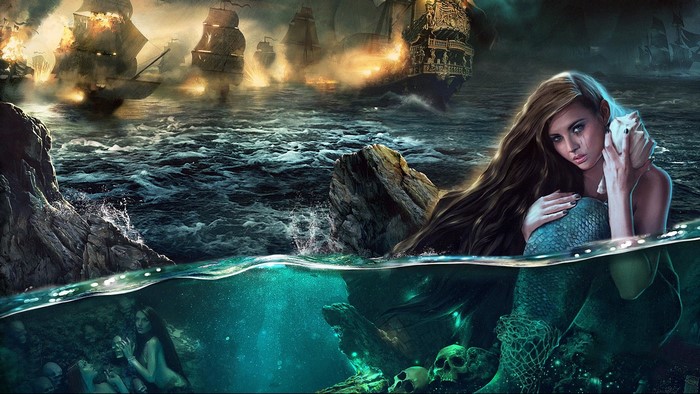 Mermaid and Pirate Ship Battle Artwork