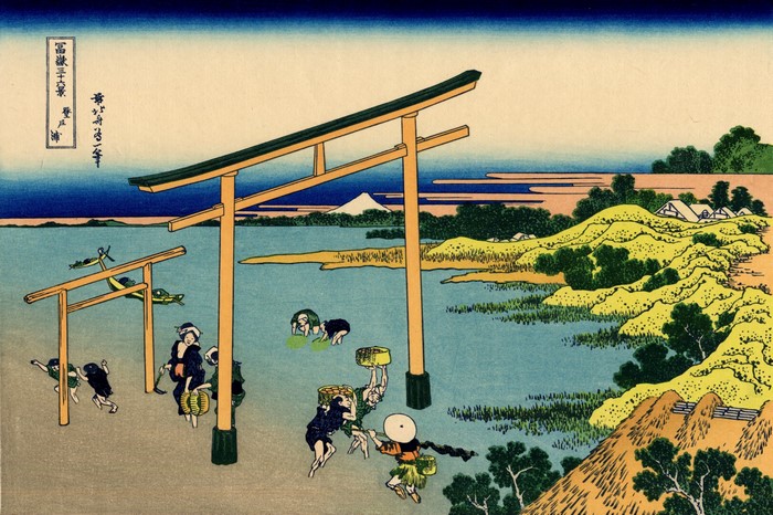 Ukiyo-e artwork by Hokusai featuring a torii gate