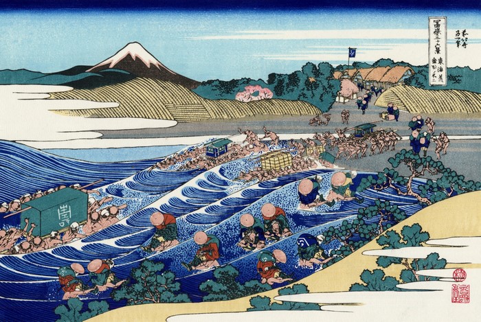 Ukiyo-e Japanese Art: Travelers Crossing a River