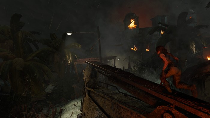 Lara Croft in Shadow of the Tomb Raider during a disaster