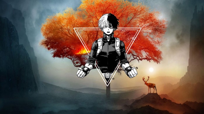 Shoto Todoroki from Boku no Hero Academia in a fantasy landscape
