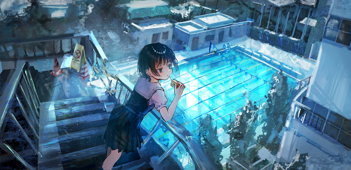 Anime girl in school uniform by a swimming pool