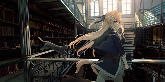 Anime cat girl in library with cats