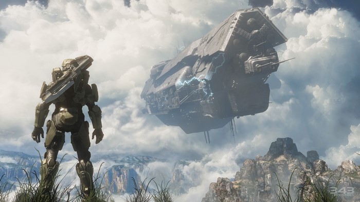 Master Chief from Halo with a UNSC ship in the sky