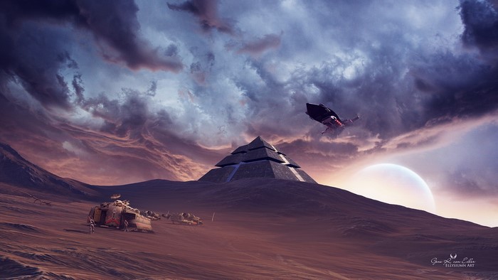 Science fiction pyramid on alien planet with spacecraft