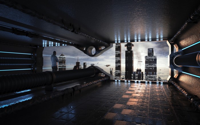 Futuristic city with a man looking out a window