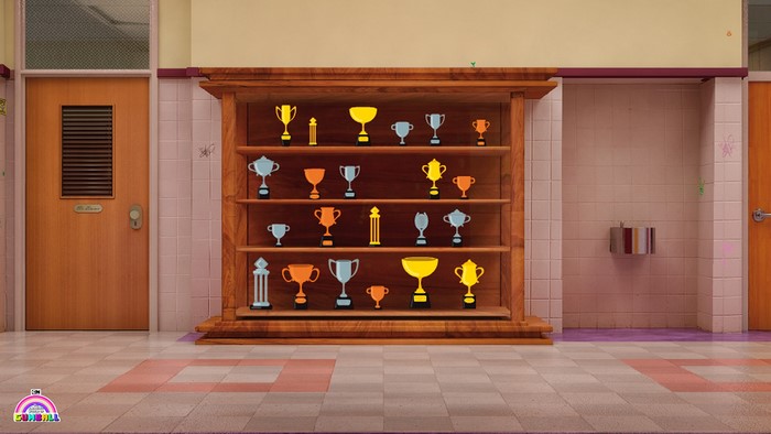 Trophy shelf in a school hallway
