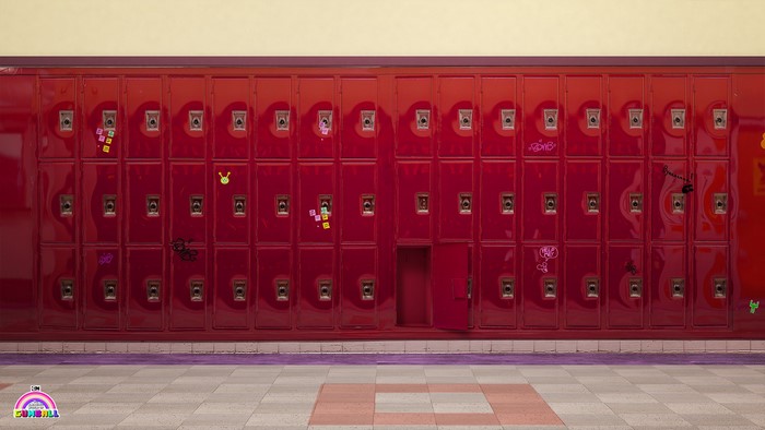 Red lockers with graffiti and stickers