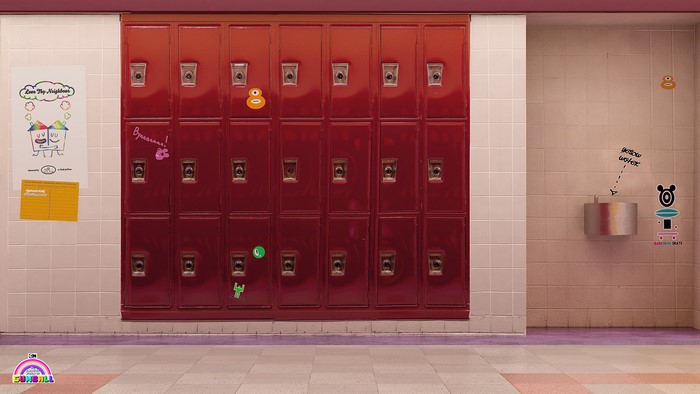 Gumball characters in a school hallway with lockers