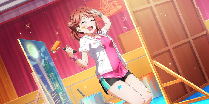 Uehara Ayumu from Love Live! painting a cityscape