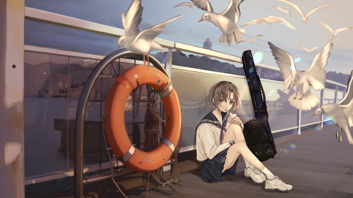 Anime girl with seagulls by the sea