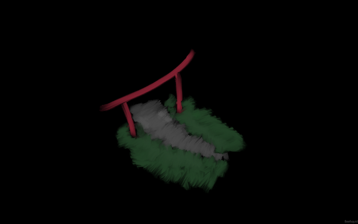 Red Torii gate over a path and green bushes