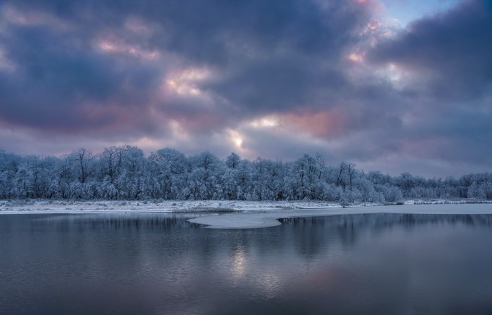 Winter forest with snow and lake at sunset