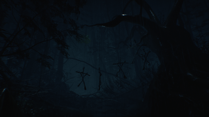 Voodoo dolls hanging in a dark forest