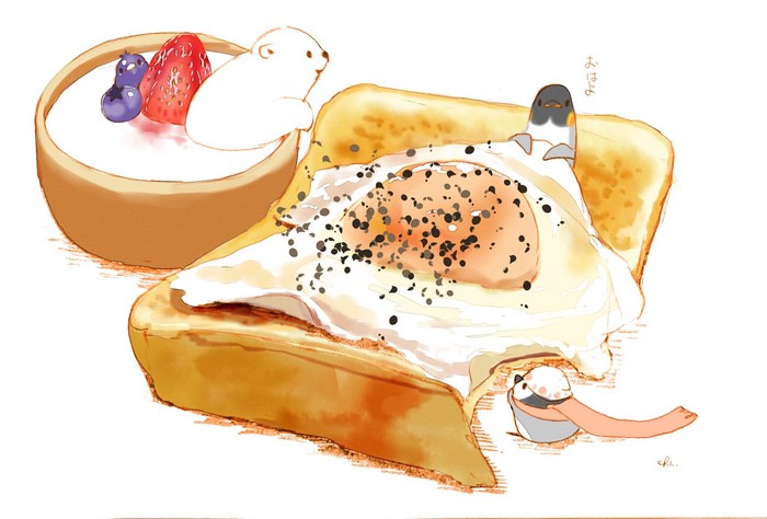 Polar bear and birds with toast and dessert