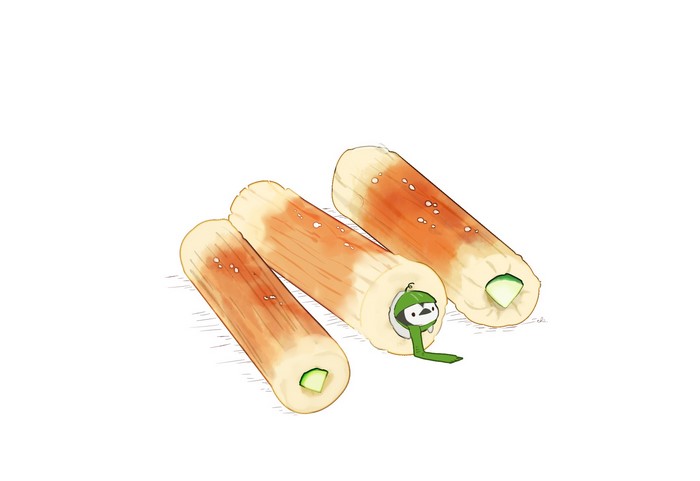 Penguin character inside chikuwa with cucumber