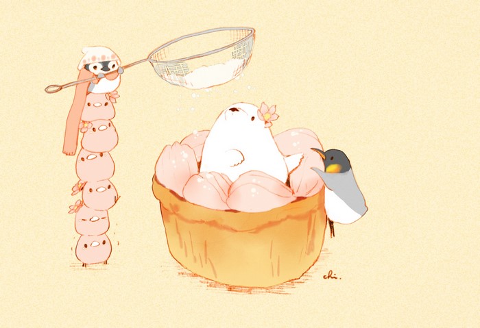 Penguins and birds preparing a dessert