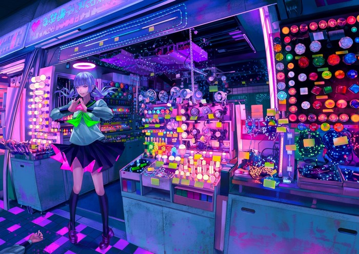 Anime girl in cyberpunk shop with lights