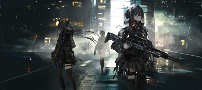 Anime girls with weapons in a futuristic city