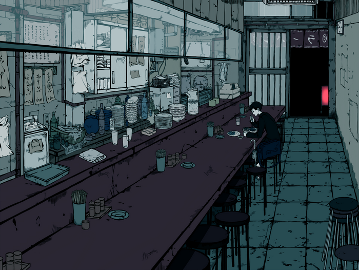Man eating alone at a Japanese ramen bar