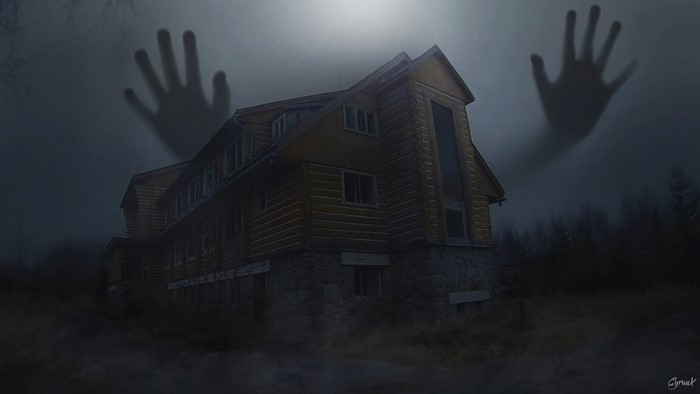 Creepy house in mist with shadowy hands