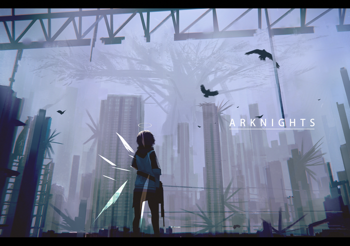 Arknights anime girl with halo and wings in city