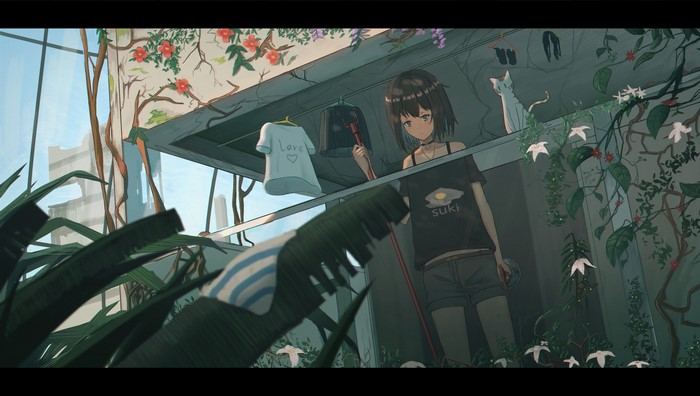 Anime girl on a balcony with plants and a cat