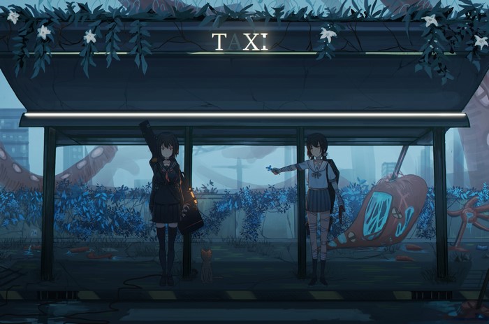 Two anime girls at a bus stop with a crashed helicopter
