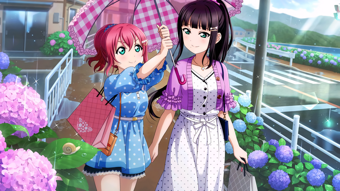 Kurosawa Dia and Kurosawa Ruby from Love Live! Sunshine under an umbrella