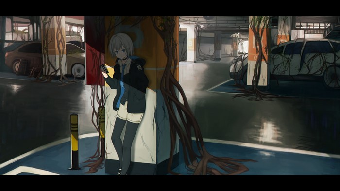 Anime girl with smartphone in abandoned parking lot