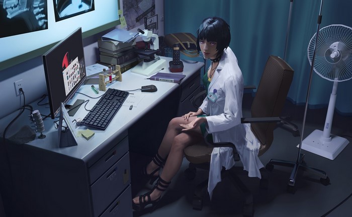 Tae Takemi from Persona 5 in an office