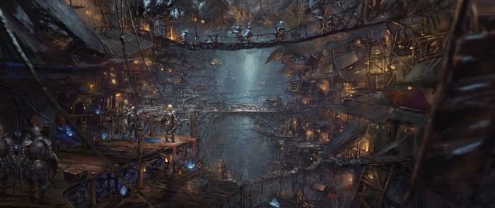 Fantasy city artwork with armored figures