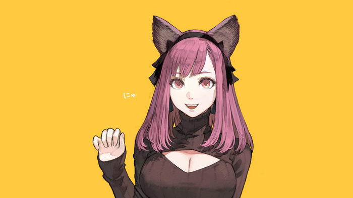 Anime cat girl with pink hair and fangs