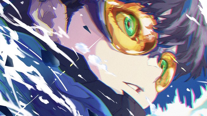Anime character with green eyes and anaglyphic glasses