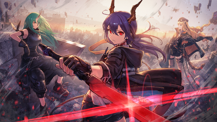 Anime girls with swords in a ruined city