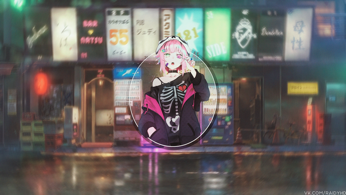 Anime girl in skeleton outfit in front of Japanese street