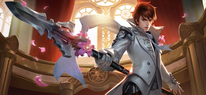 Anime boy with a spear and flowers