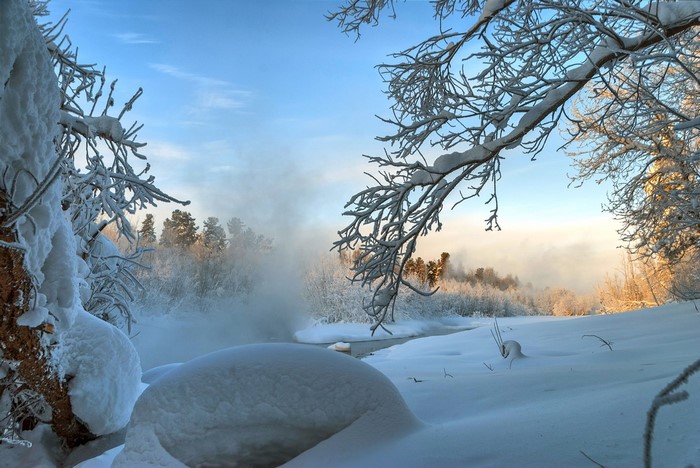 Snowy winter landscape with a river and trees