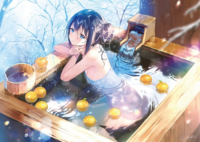 Anime girl bathing in a hot spring with oranges