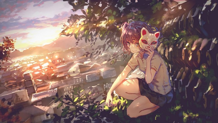 Anime girl with fox mask overlooking cityscape at sunset
